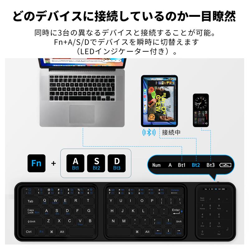 タッチパッド付き三つ折りBluetoothキーボード